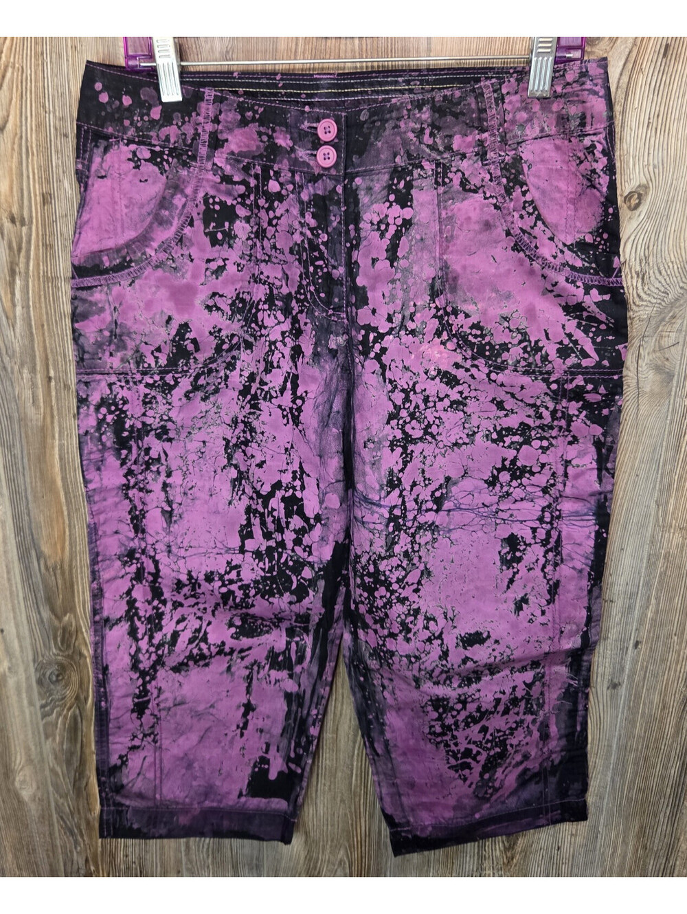 Marks and Spencer Black Purple Splatter Print Jeans Capri Shorts - UK 12 (32x21)